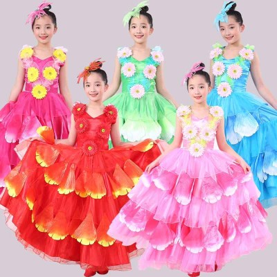 Flowers pink red blue yellow petals bloom flamenco dance dresses for girls kids opening dance paso double spanish bull dance swing skirts for children